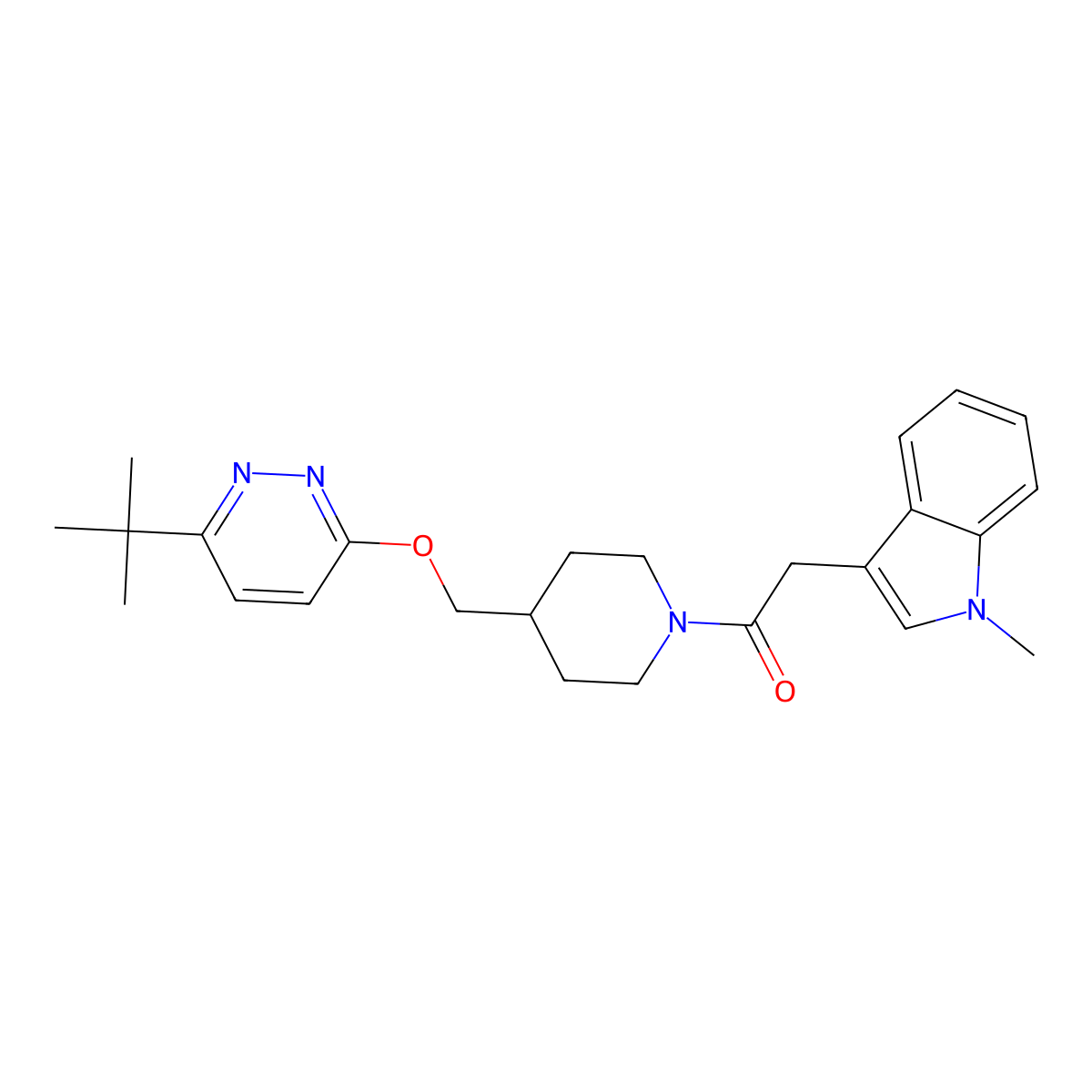 1-(4-{[(6-tert-butylpyridazin-3-yl)oxy]methyl}piperidin-1-yl)-2-(1-methyl-1H-indol-3-yl)ethan-1-one molecular structure, CAS 2309309-47-3