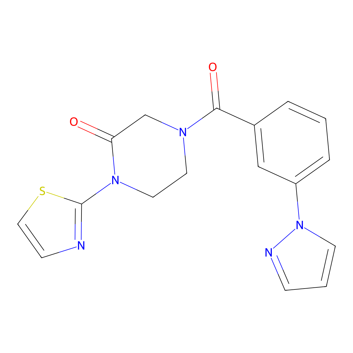 4-[3-(1H-pyrazol-1-yl)benzoyl]-1-(1,3-thiazol-2-yl)piperazin-2-one molecular structure, CAS 2309309-51-9
