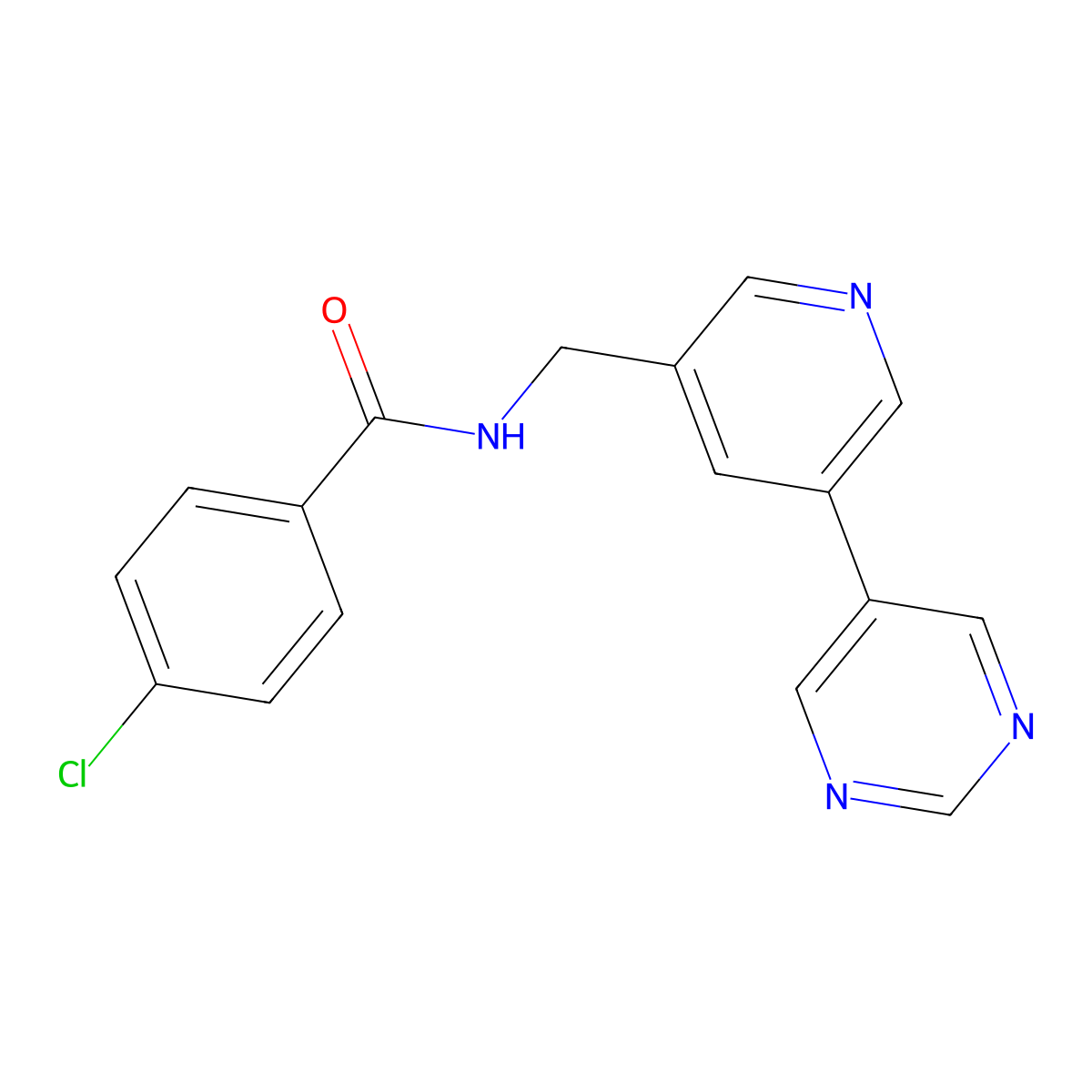 4-chloro-N-{[5-(pyrimidin-5-yl)pyridin-3-yl]methyl}benzamide molecular structure, CAS 2309309-74-6