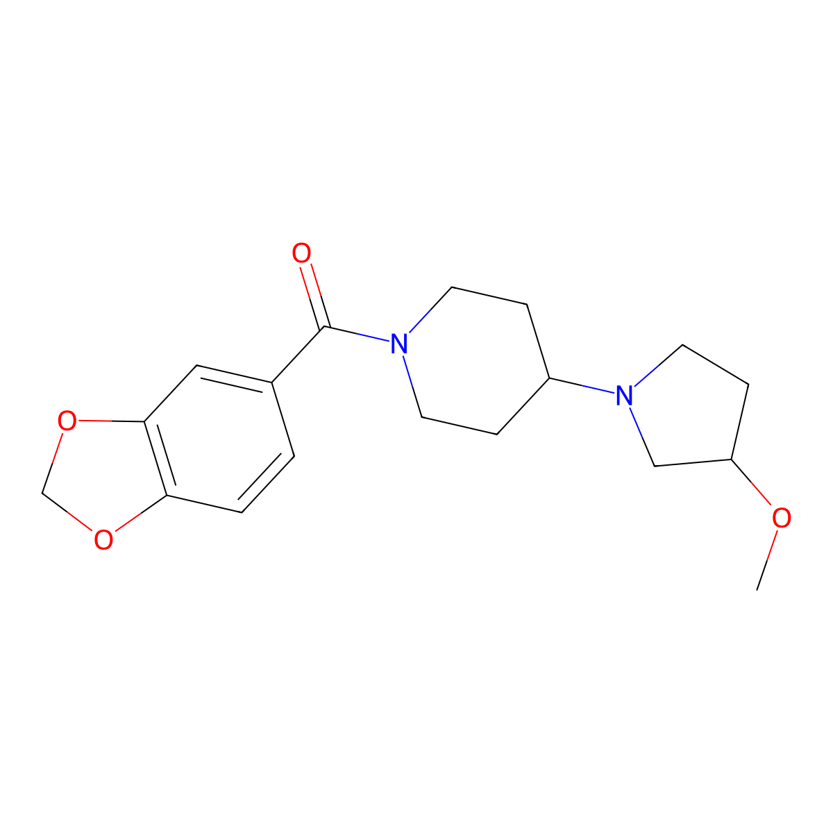 1-(2H-1,3-benzodioxole-5-carbonyl)-4-(3-methoxypyrrolidin-1-yl)piperidine molecular structure, CAS 2309310-00-5