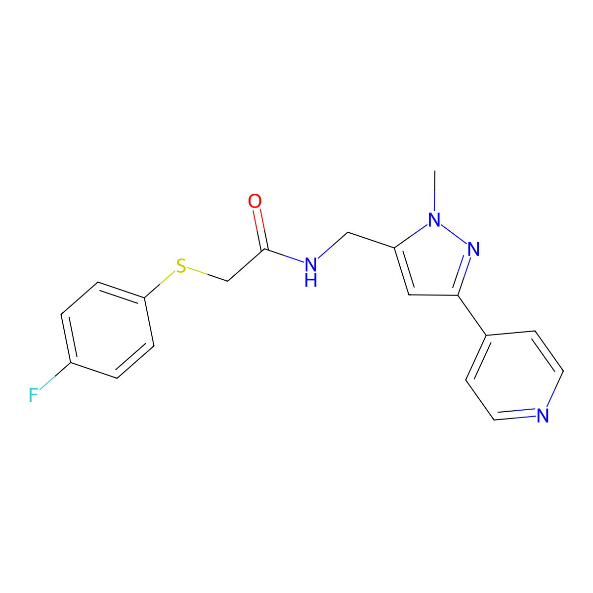 2-[(4-fluorophenyl)sulfanyl]-N-{[1-methyl-3-(pyridin-4-yl)-1H-pyrazol-5-yl]methyl}acetamide molecular structure, CAS 2309310-04-9