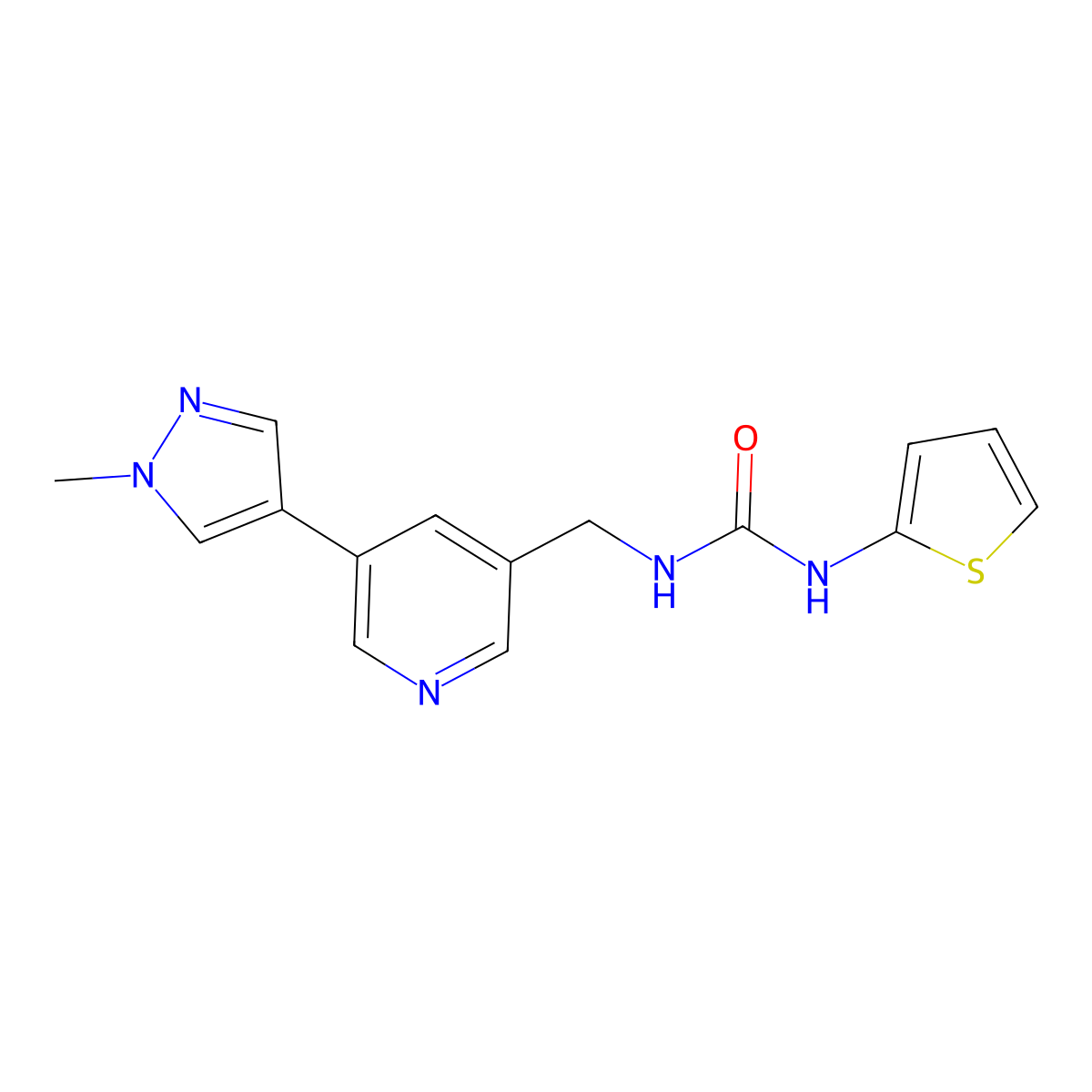 1-((5-(1-methyl-1H-pyrazol-4-yl)pyridin-3-yl)methyl)-3-(thiophen-2-yl)urea molecular structure, CAS 2309310-31-2