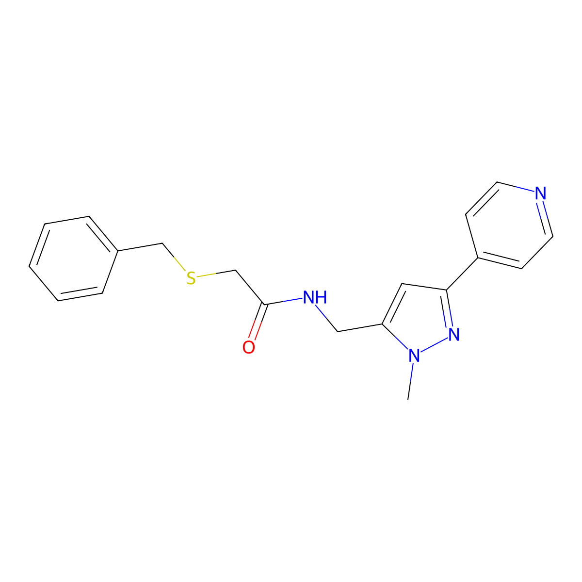 2-(benzylsulfanyl)-N-{[1-methyl-3-(pyridin-4-yl)-1H-pyrazol-5-yl]methyl}acetamide molecular structure, CAS 2309310-61-8