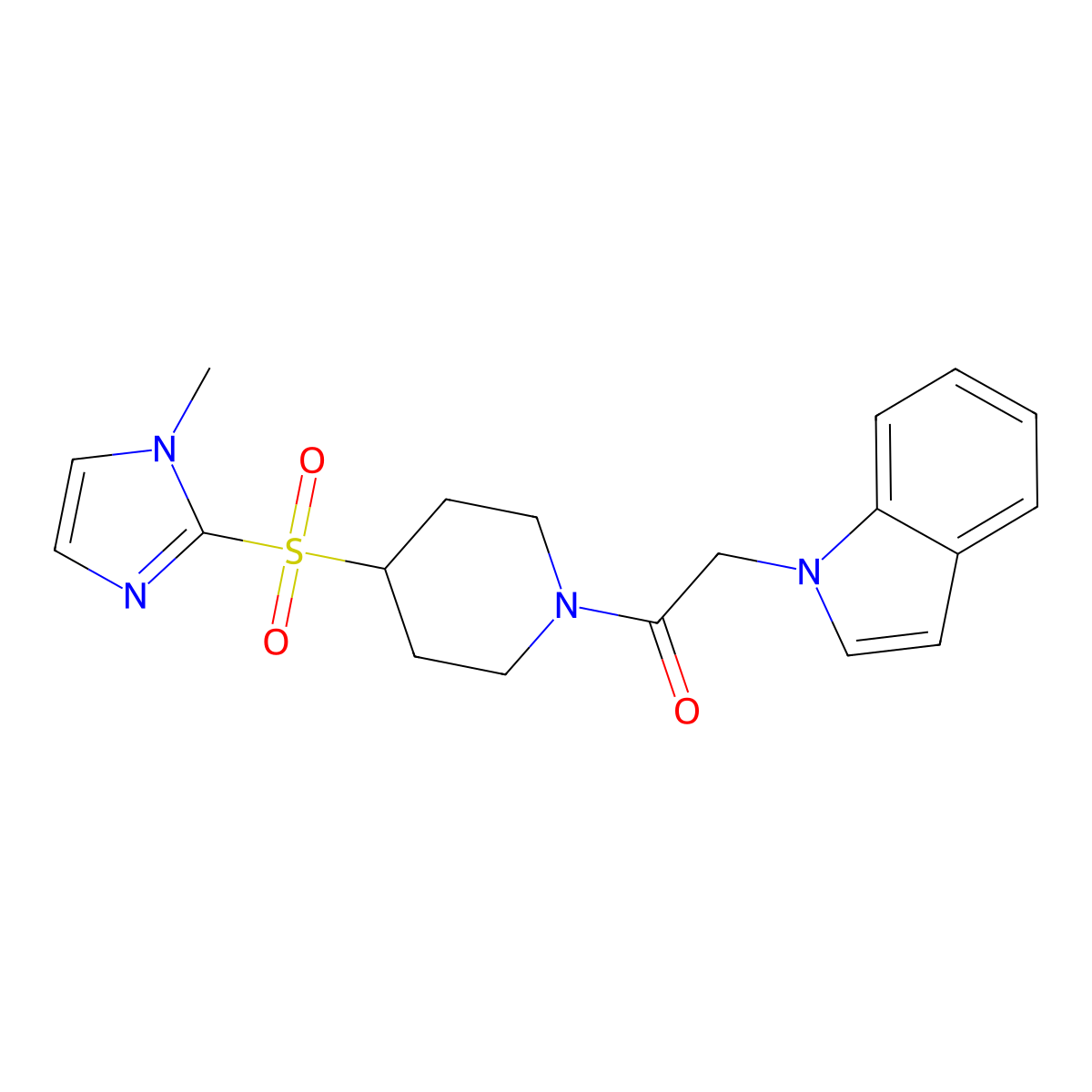 2-(1H-indol-1-yl)-1-(4-((1-methyl-1H-imidazol-2-yl)sulfonyl)piperidin-1-yl)ethanone molecular structure, CAS 2309310-85-6