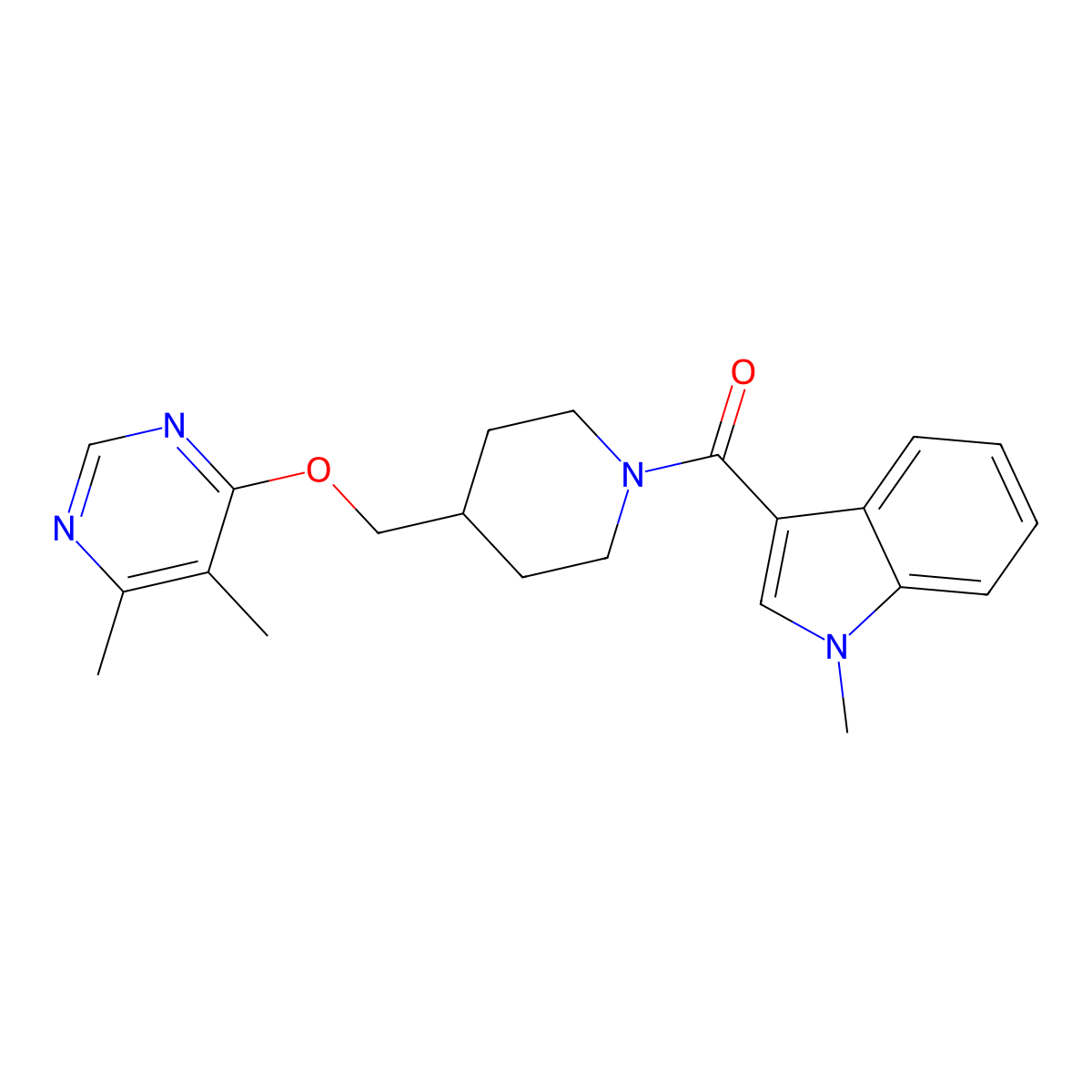 3-(4-{[(5,6-dimethylpyrimidin-4-yl)oxy]methyl}piperidine-1-carbonyl)-1-methyl-1H-indole molecular structure, CAS 2309311-38-2