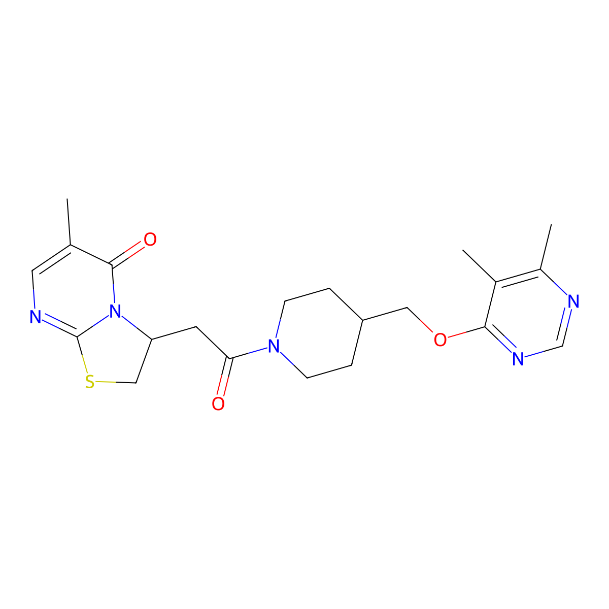 3-[2-(4-{[(5,6-dimethylpyrimidin-4-yl)oxy]methyl}piperidin-1-yl)-2-oxoethyl]-6-methyl-2H,3H,5H-[1,3]thiazolo[3,2-a]pyrimidin-5-one molecular structure, CAS 2309312-64-7