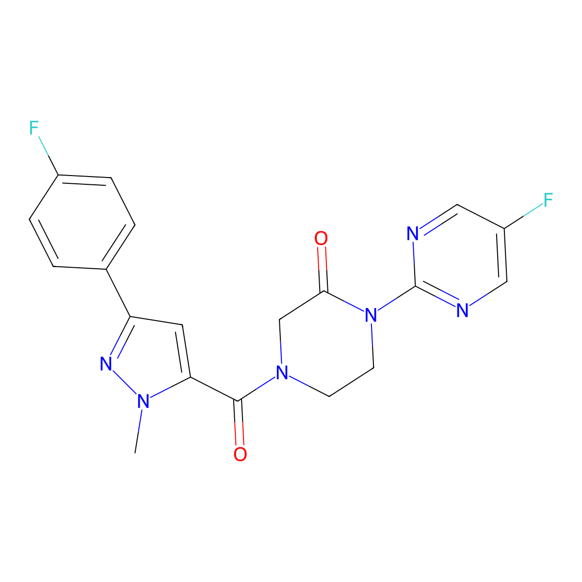 4-[3-(4-fluorophenyl)-1-methyl-1H-pyrazole-5-carbonyl]-1-(5-fluoropyrimidin-2-yl)piperazin-2-one molecular structure, CAS 2309312-66-9
