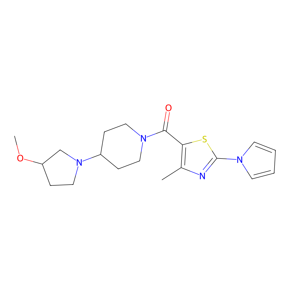 4-(3-methoxypyrrolidin-1-yl)-1-[4-methyl-2-(1H-pyrrol-1-yl)-1,3-thiazole-5-carbonyl]piperidine molecular structure, CAS 2309312-76-1