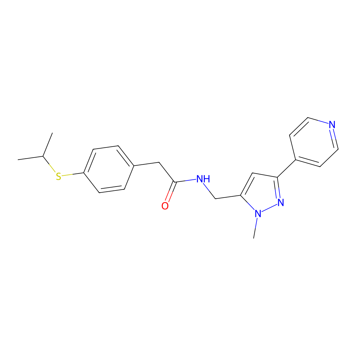 N-{[1-methyl-3-(pyridin-4-yl)-1H-pyrazol-5-yl]methyl}-2-[4-(propan-2-ylsulfanyl)phenyl]acetamide molecular structure, CAS 2309312-86-3