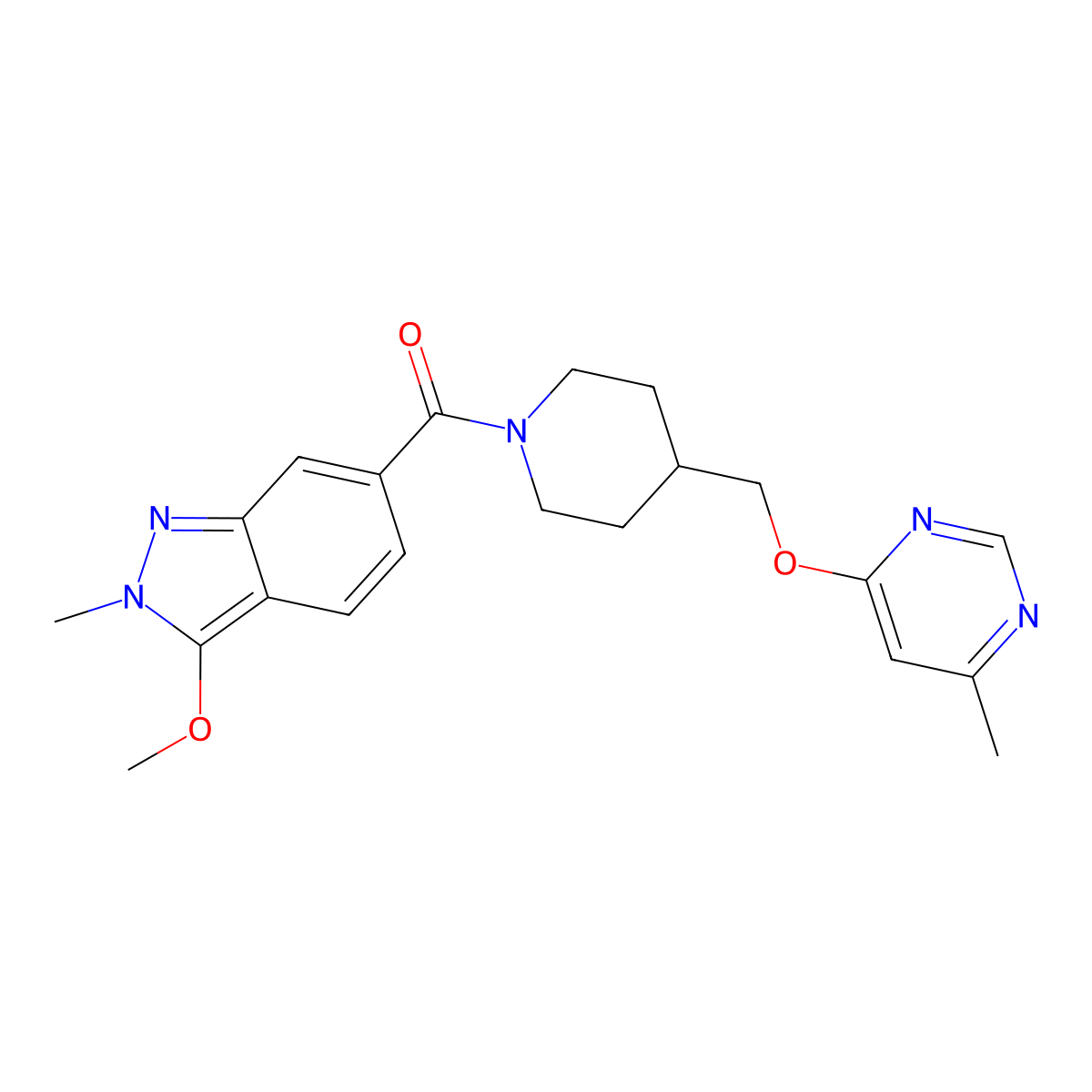 3-methoxy-2-methyl-6-(4-{[(6-methylpyrimidin-4-yl)oxy]methyl}piperidine-1-carbonyl)-2H-indazole molecular structure, CAS 2309313-25-3