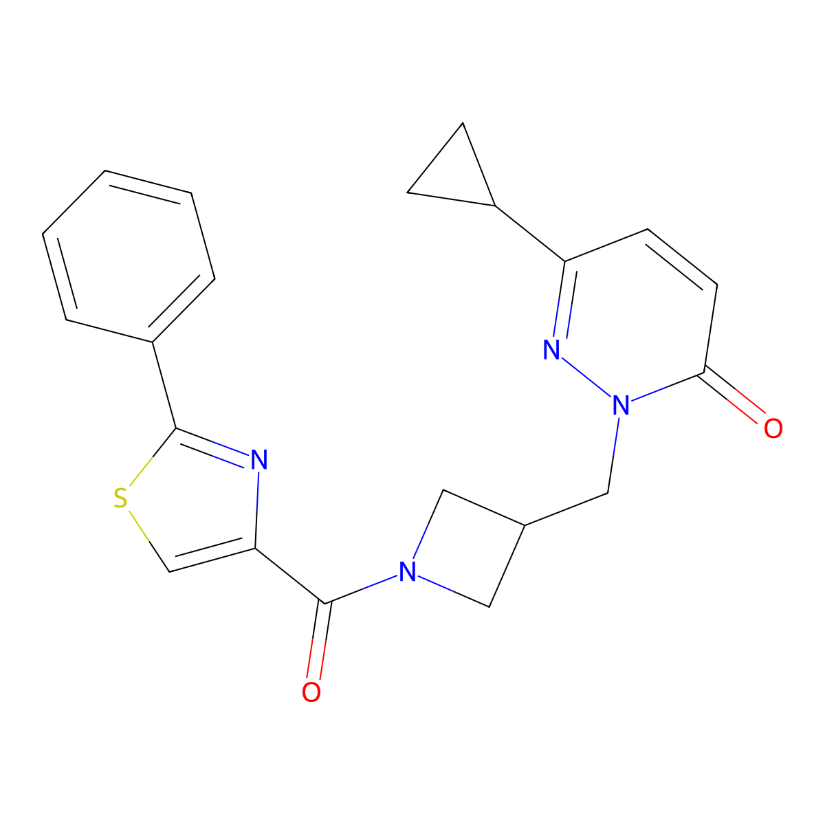 6-Cyclopropyl-2-{[1-(2-phenyl-1,3-thiazole-4-carbonyl)azetidin-3-yl]methyl}-2,3-dihydropyridazin-3-one molecular structure, CAS 2309313-45-7