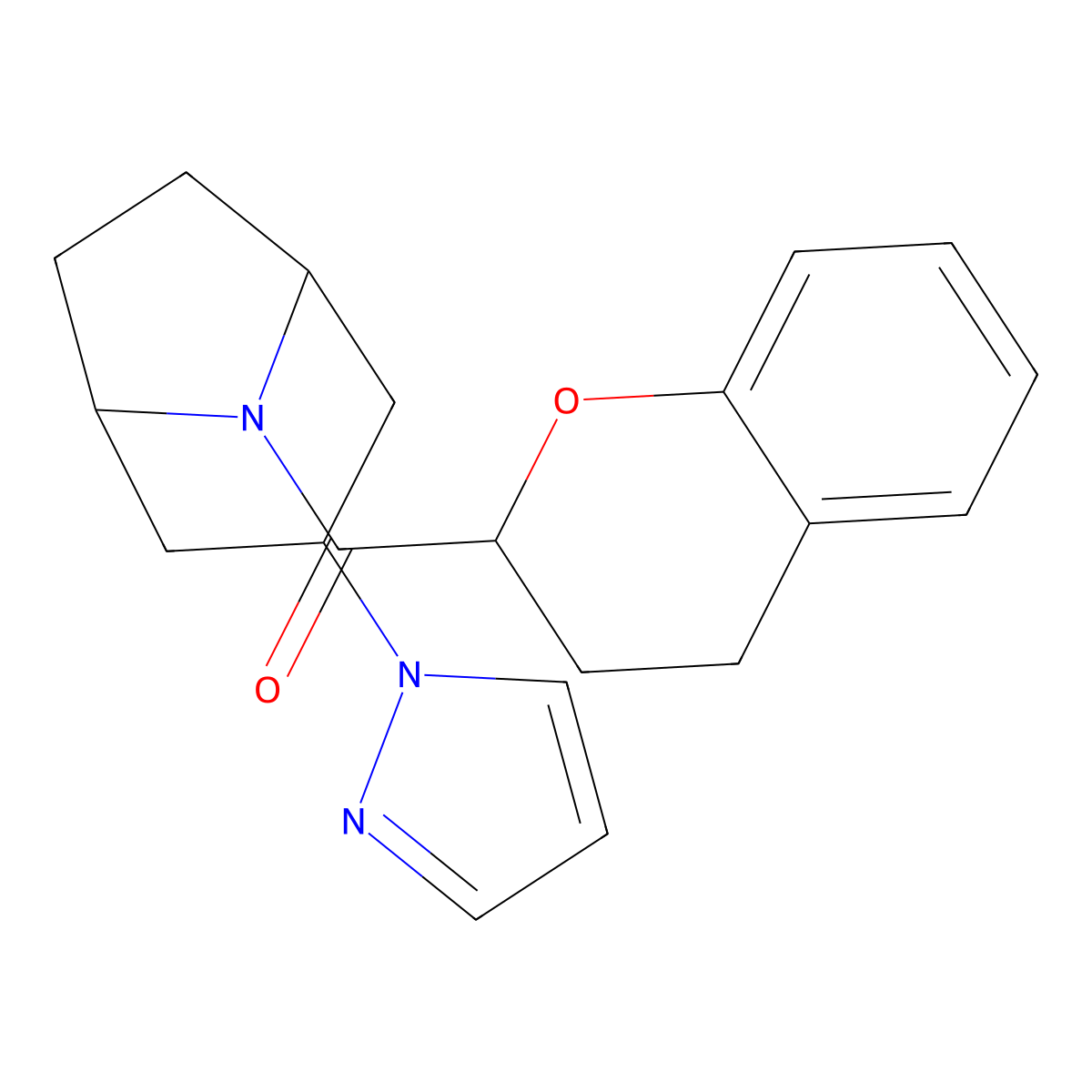 ((1R,5S)-3-(1H-pyrazol-1-yl)-8-azabicyclo[3.2.1]octan-8-yl)(chroman-2-yl)methanone molecular structure, CAS 2309314-91-6