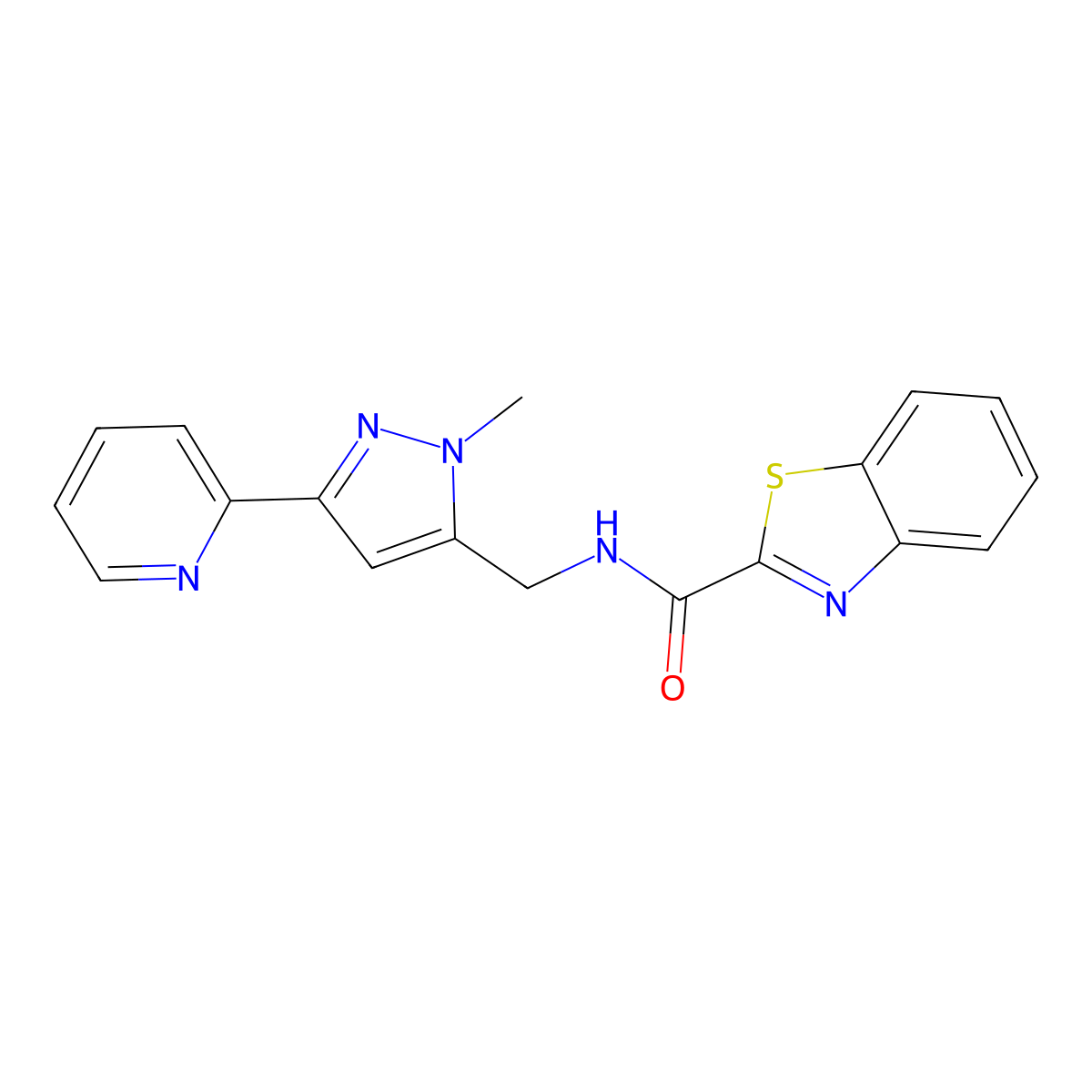 N-{[1-methyl-3-(pyridin-2-yl)-1H-pyrazol-5-yl]methyl}-1,3-benzothiazole-2-carboxamide molecular structure, CAS 2309340-46-1