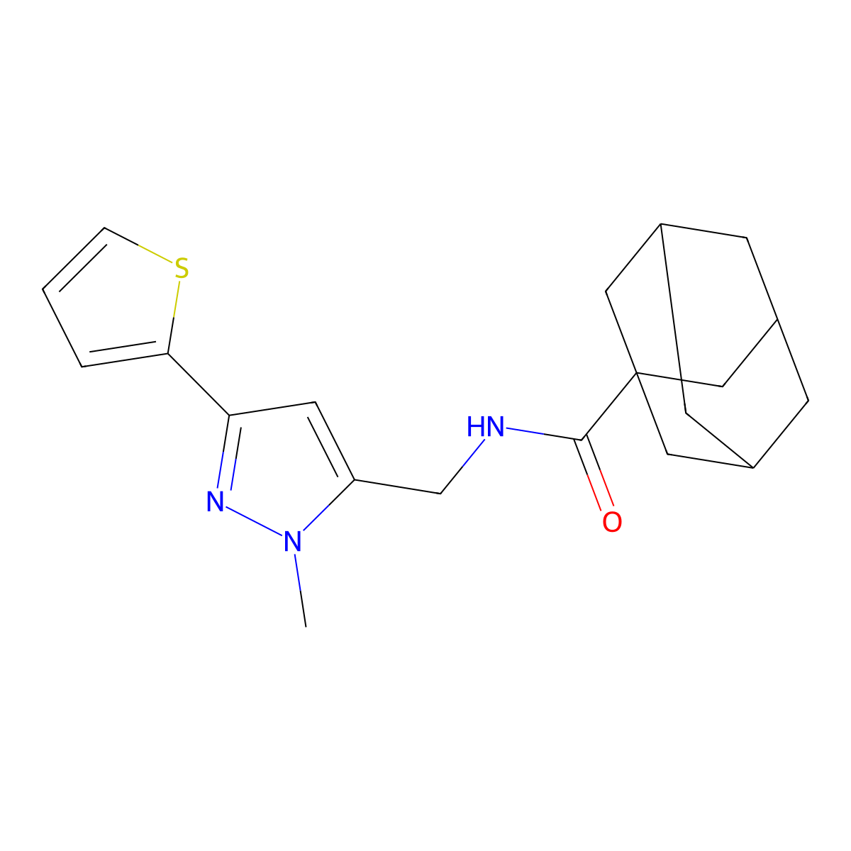 N-{[1-methyl-3-(thiophen-2-yl)-1H-pyrazol-5-yl]methyl}adamantane-1-carboxamide molecular structure, CAS 2309340-53-0