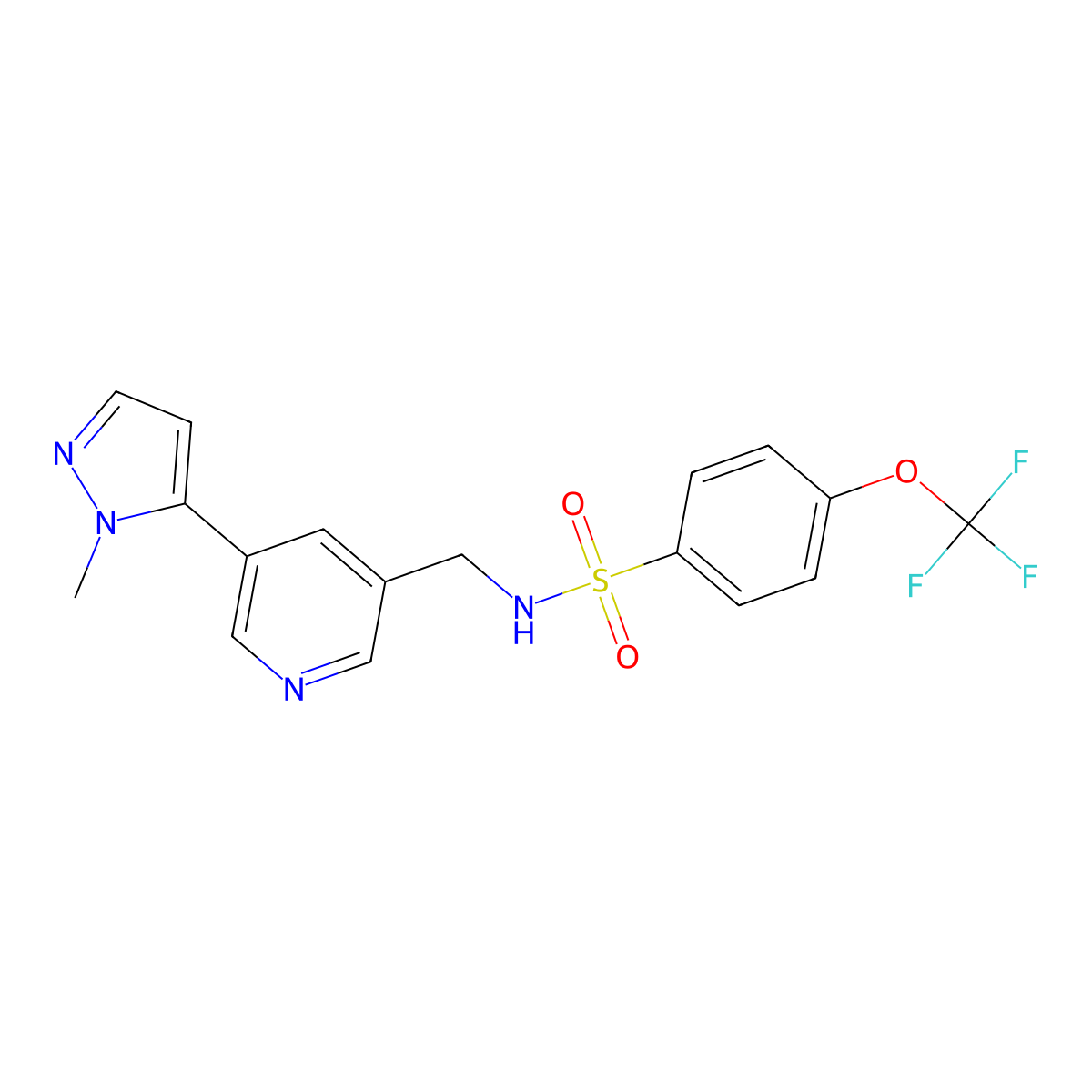N-((5-(1-methyl-1H-pyrazol-5-yl)pyridin-3-yl)methyl)-4-(trifluoromethoxy)benzenesulfonamide molecular structure, CAS 2309340-77-8