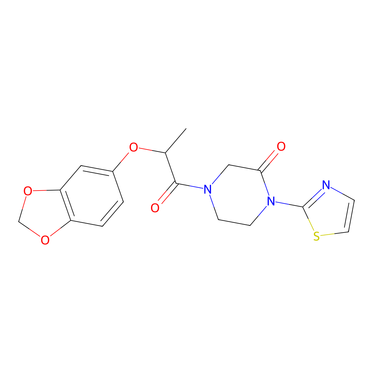 4-[2-(2H-1,3-benzodioxol-5-yloxy)propanoyl]-1-(1,3-thiazol-2-yl)piperazin-2-one molecular structure, CAS 2309341-88-4
