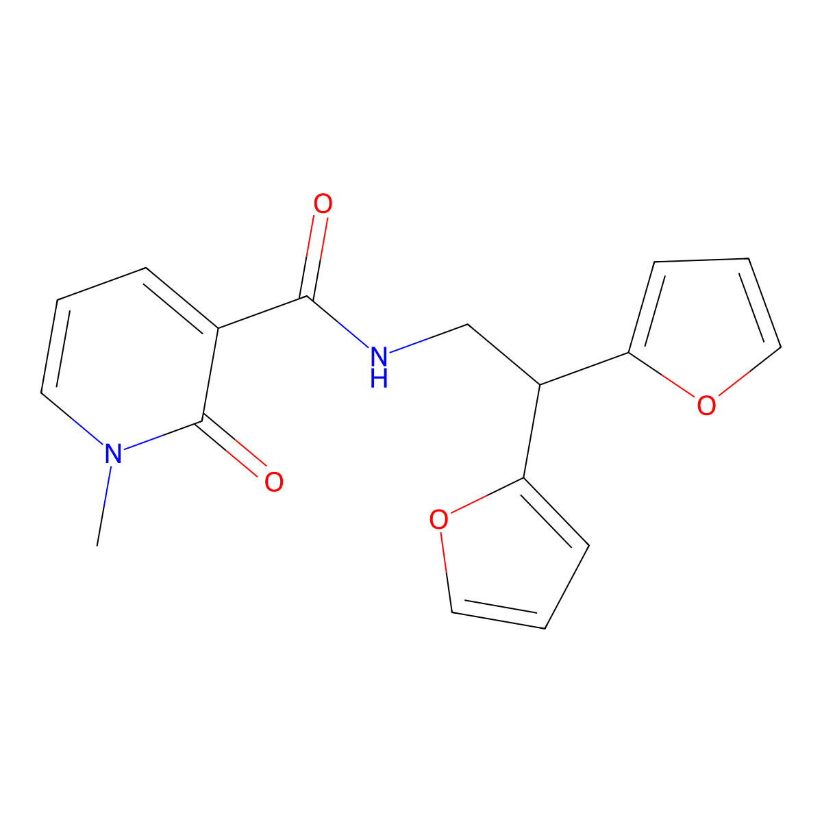 N-(2,2-di(furan-2-yl)ethyl)-1-methyl-2-oxo-1,2-dihydropyridine-3-carboxamide molecular structure, CAS 2309342-18-3