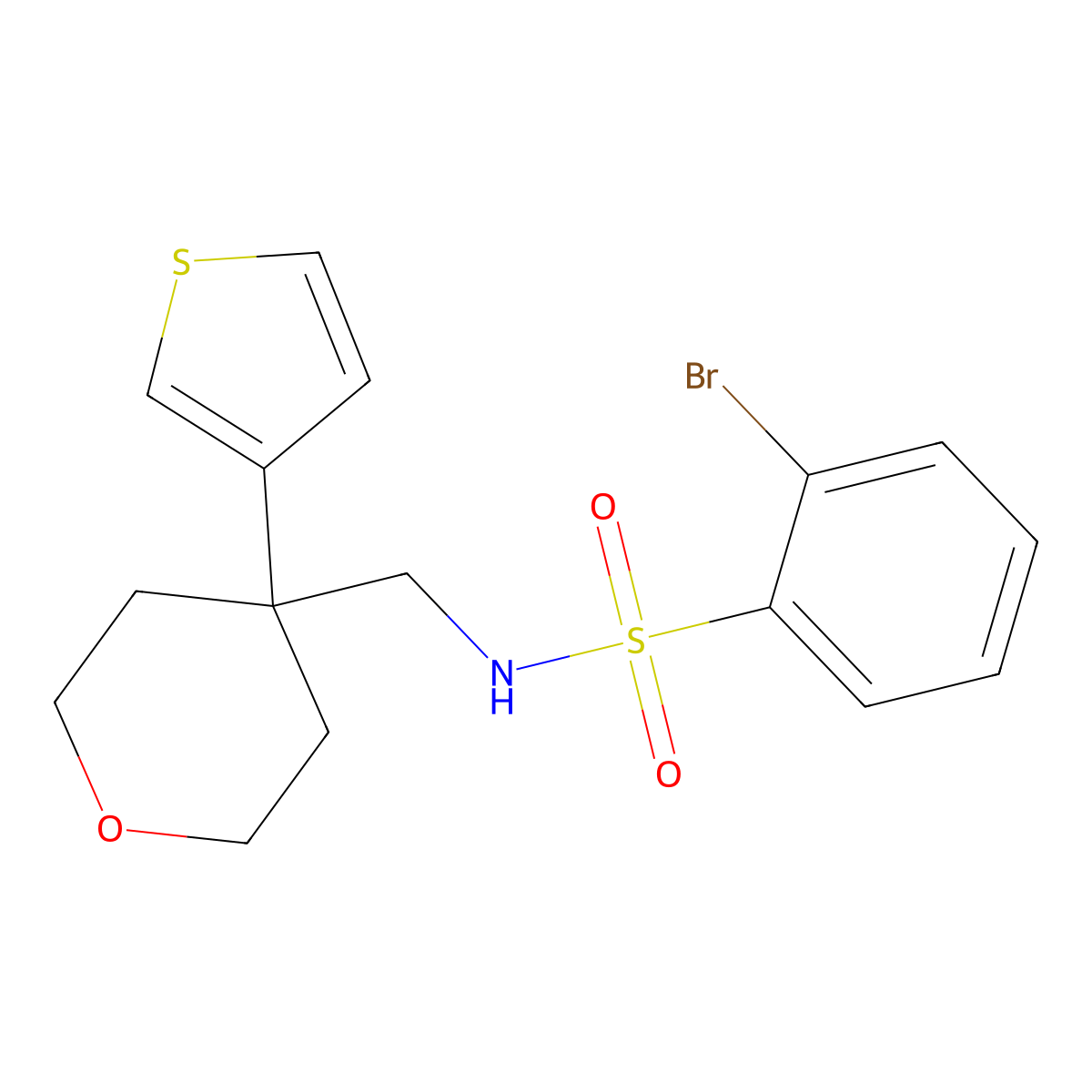 2-bromo-N-{[4-(thiophen-3-yl)oxan-4-yl]methyl}benzene-1-sulfonamide molecular structure, CAS 2309342-45-6