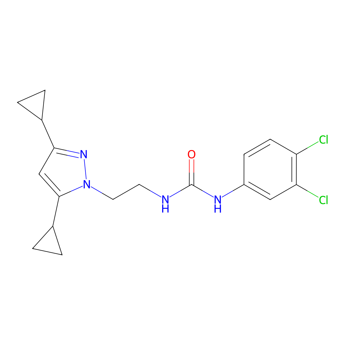 1-(3,4-dichlorophenyl)-3-[2-(3,5-dicyclopropyl-1H-pyrazol-1-yl)ethyl]urea molecular structure, CAS 2309343-43-7