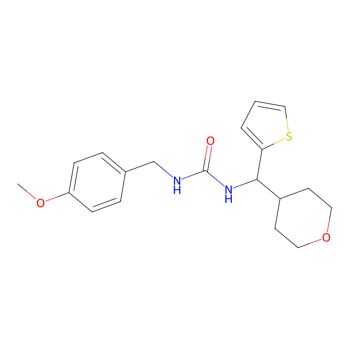 1-(4-methoxybenzyl)-3-((tetrahydro-2H-pyran-4-yl)(thiophen-2-yl)methyl)urea molecular structure, CAS 2309343-71-1