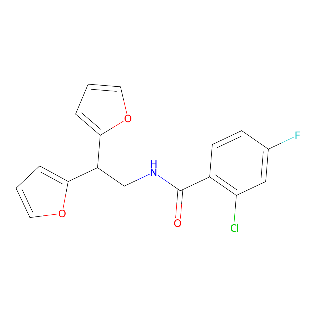 N-[2,2-bis(furan-2-yl)ethyl]-2-chloro-4-fluorobenzamide molecular structure, CAS 2309343-96-0