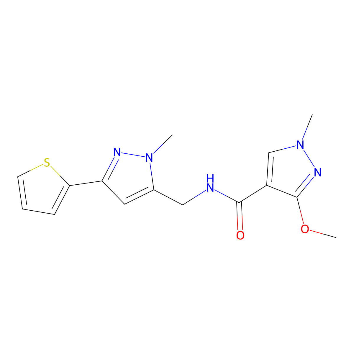 3-methoxy-1-methyl-N-{[1-methyl-3-(thiophen-2-yl)-1H-pyrazol-5-yl]methyl}-1H-pyrazole-4-carboxamide molecular structure, CAS 2309344-00-9