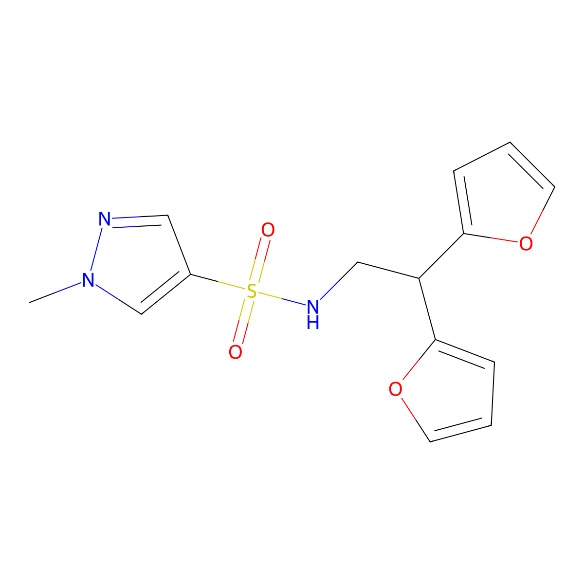 N-(2,2-di(furan-2-yl)ethyl)-1-methyl-1H-pyrazole-4-sulfonamide molecular structure, CAS 2309344-05-4