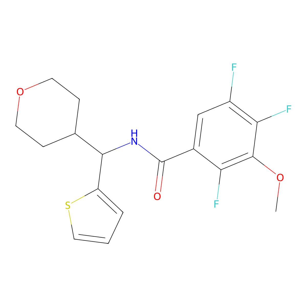 2,4,5-trifluoro-3-methoxy-N-[(oxan-4-yl)(thiophen-2-yl)methyl]benzamide molecular structure, CAS 2309344-28-1