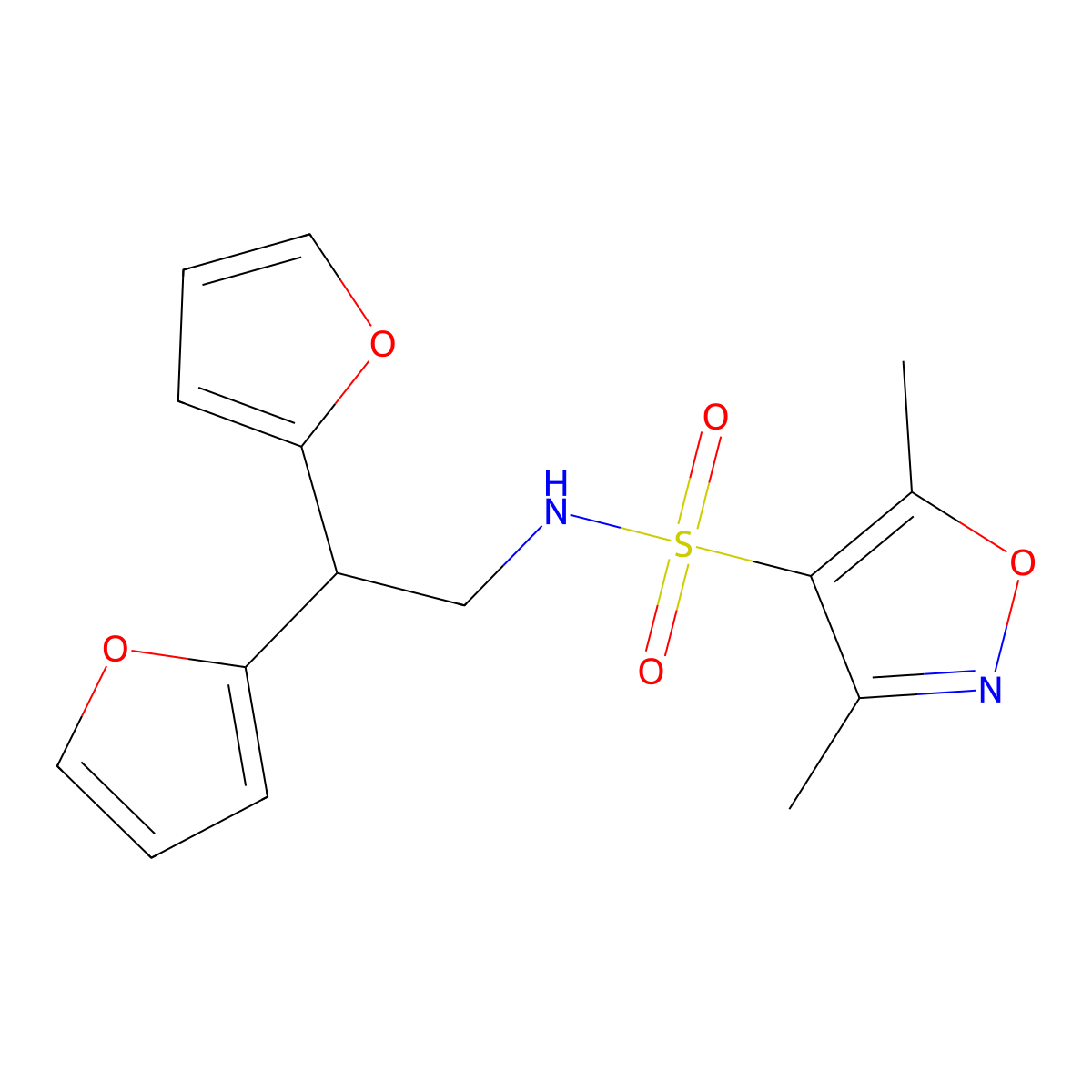 N-[2,2-bis(furan-2-yl)ethyl]-3,5-dimethyl-1,2-oxazole-4-sulfonamide molecular structure, CAS 2309344-57-6