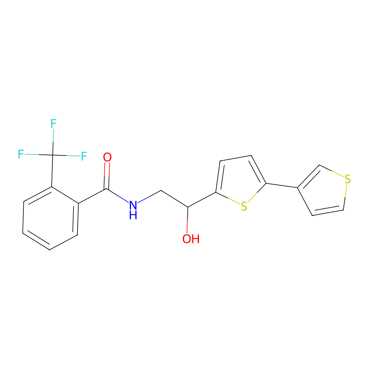 N-(2-([2,3'-bithiophen]-5-yl)-2-hydroxyethyl)-2-(trifluoromethyl)benzamide molecular structure, CAS 2309344-60-1