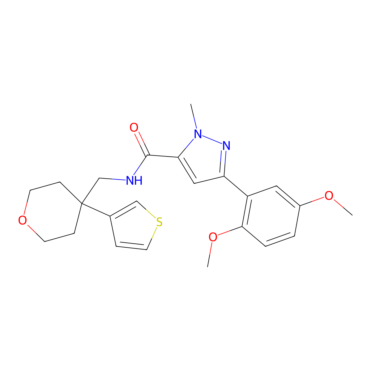 3-(2,5-dimethoxyphenyl)-1-methyl-N-{[4-(thiophen-3-yl)oxan-4-yl]methyl}-1H-pyrazole-5-carboxamide molecular structure, CAS 2309344-68-9