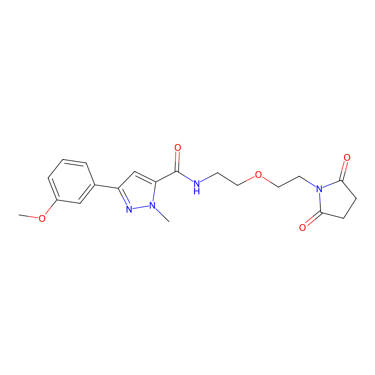 N-{2-[2-(2,5-dioxopyrrolidin-1-yl)ethoxy]ethyl}-3-(3-methoxyphenyl)-1-methyl-1H-pyrazole-5-carboxamide molecular structure, CAS 2309344-72-5