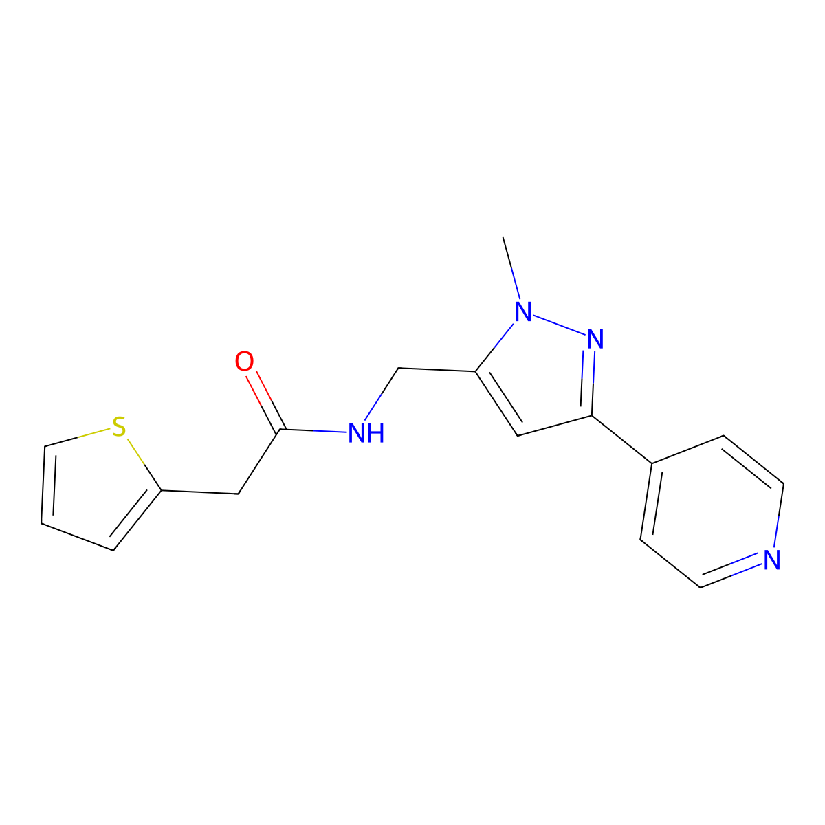 N-{[1-methyl-3-(pyridin-4-yl)-1H-pyrazol-5-yl]methyl}-2-(thiophen-2-yl)acetamide molecular structure, CAS 2309345-01-3