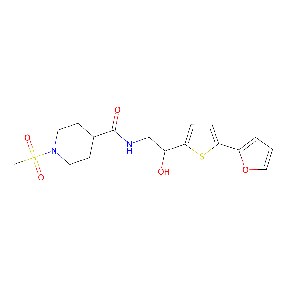 N-{2-[5-(furan-2-yl)thiophen-2-yl]-2-hydroxyethyl}-1-methanesulfonylpiperidine-4-carboxamide molecular structure, CAS 2309345-13-7