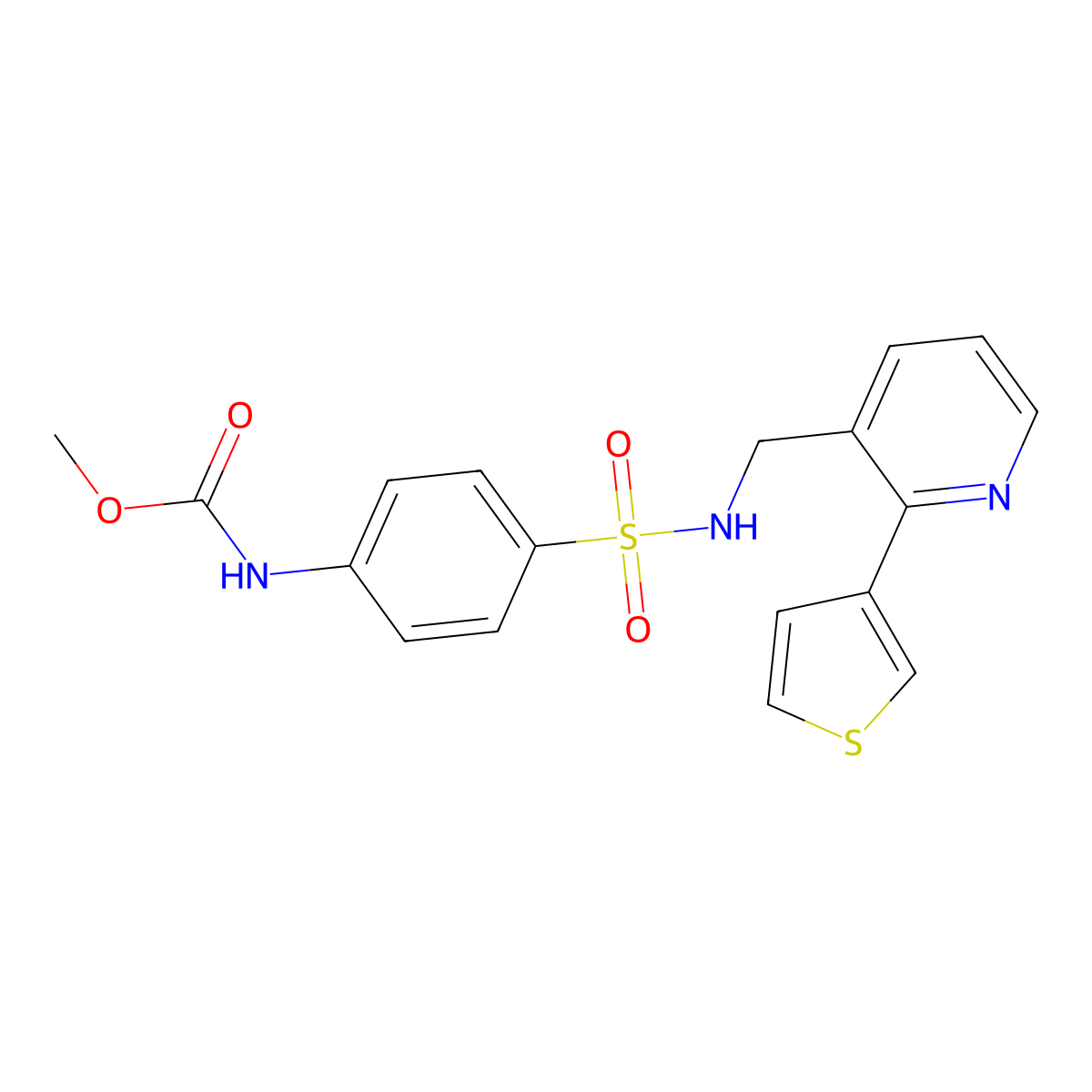 methyl (4-(N-((2-(thiophen-3-yl)pyridin-3-yl)methyl)sulfamoyl)phenyl)carbamate molecular structure, CAS 2309345-20-6