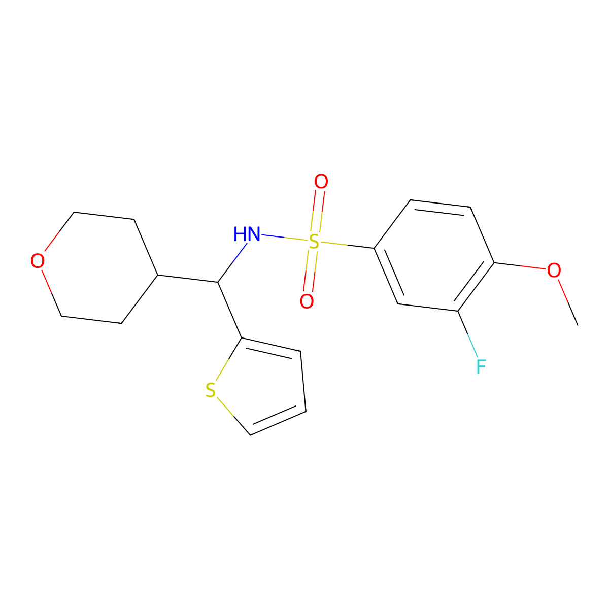 3-fluoro-4-methoxy-N-((tetrahydro-2H-pyran-4-yl)(thiophen-2-yl)methyl)benzenesulfonamide molecular structure, CAS 2309345-39-7