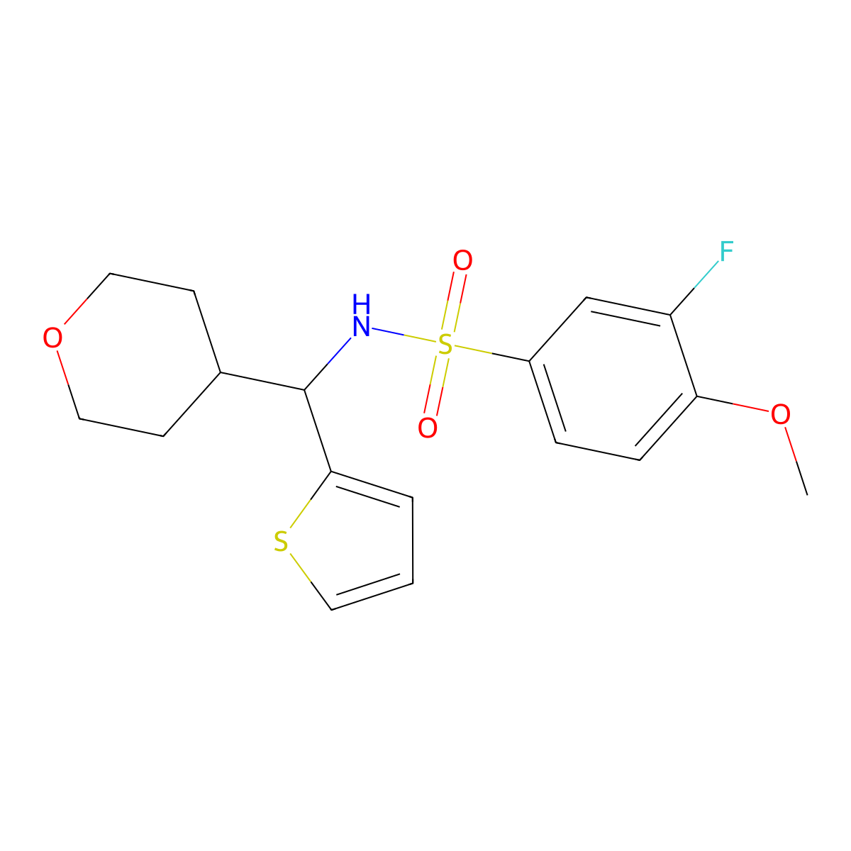 3-fluoro-4-methoxy-N-((tetrahydro-2H-pyran-4-yl)(thiophen-2-yl)methyl)benzenesulfonamide molecular structure, CAS 2309345-39-7