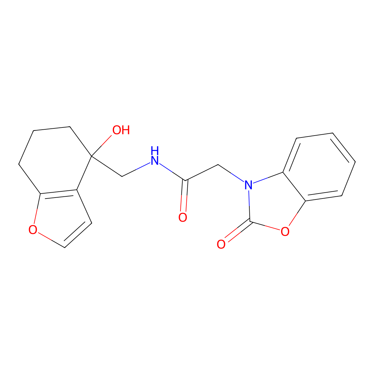 N-[(4-hydroxy-4,5,6,7-tetrahydro-1-benzofuran-4-yl)methyl]-2-(2-oxo-2,3-dihydro-1,3-benzoxazol-3-yl)acetamide molecular structure, CAS 2309346-01-6