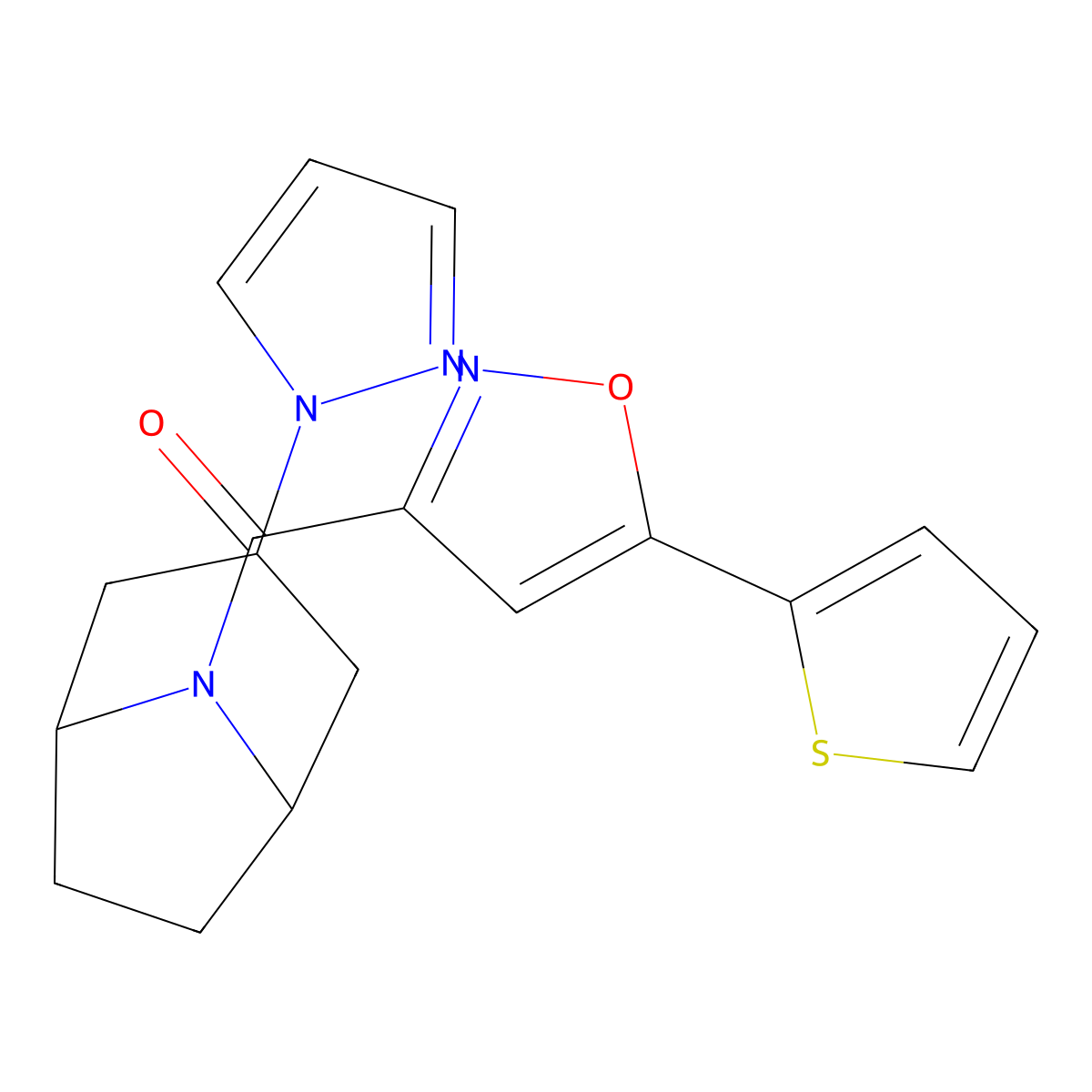 ((1R,5S)-3-(1H-pyrazol-1-yl)-8-azabicyclo[3.2.1]octan-8-yl)(5-(thiophen-2-yl)isoxazol-3-yl)methanone molecular structure, CAS 2309346-04-9