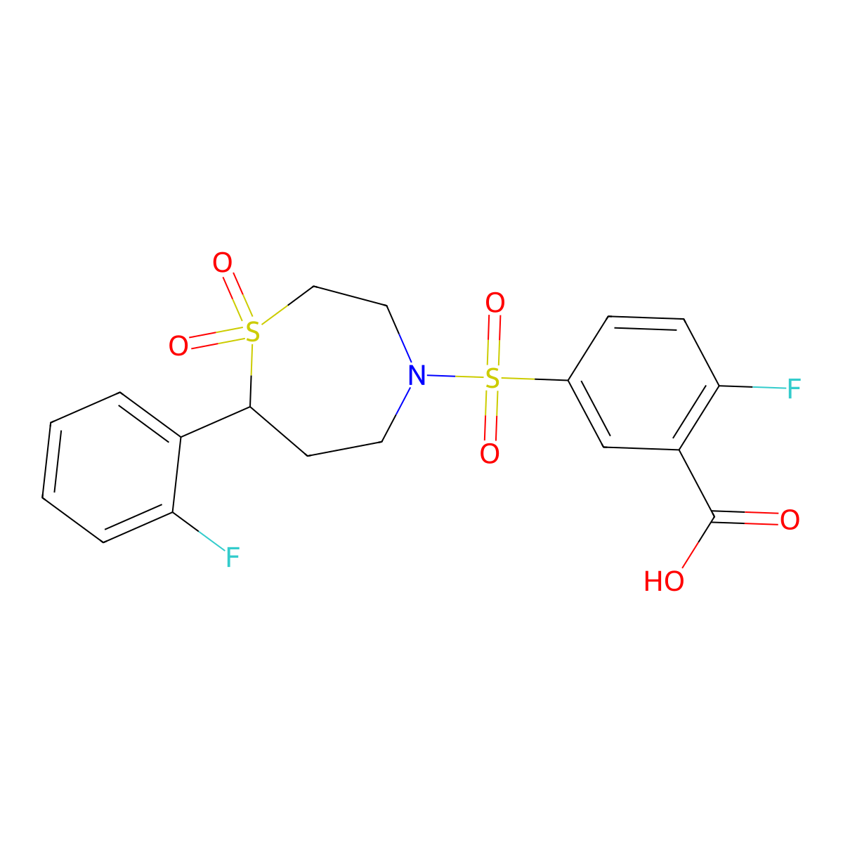 2-Fluoro-5-((7-(2-fluorophenyl)-1,1-dioxido-1,4-thiazepan-4-yl)sulfonyl)benzoic acid molecular structure, CAS 2309346-10-7