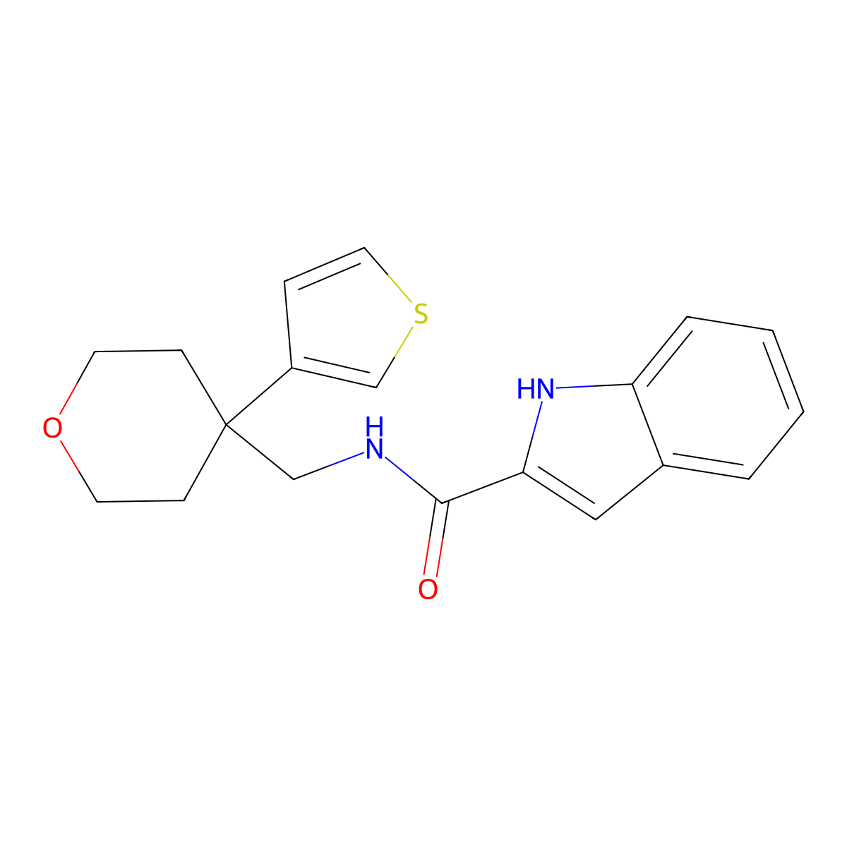 N-((4-(thiophen-3-yl)tetrahydro-2H-pyran-4-yl)methyl)-1H-indole-2-carboxamide molecular structure, CAS 2309346-35-6