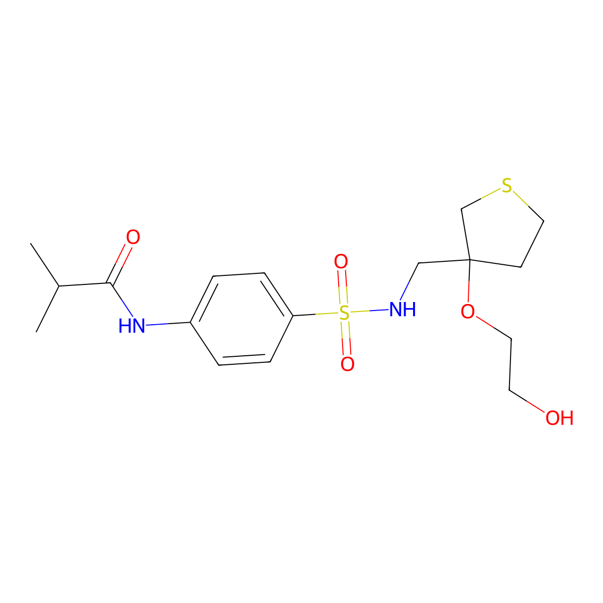 N-(4-(N-((3-(2-hydroxyethoxy)tetrahydrothiophen-3-yl)methyl)sulfamoyl)phenyl)isobutyramide molecular structure, CAS 2309346-60-7