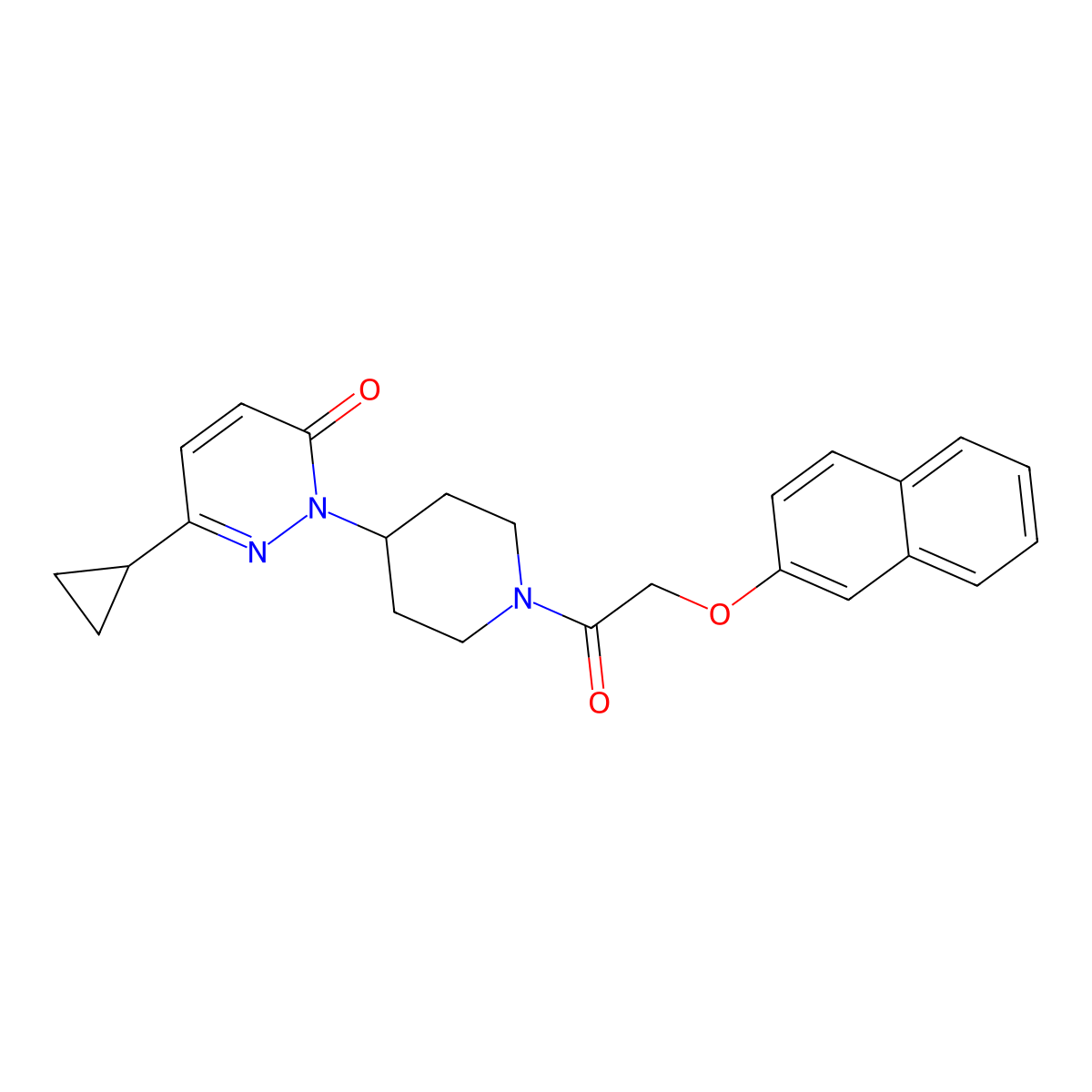 6-Cyclopropyl-2-{1-[2-(naphthalen-2-yloxy)acetyl]piperidin-4-yl}-2,3-dihydropyridazin-3-one molecular structure, CAS 2309347-08-6