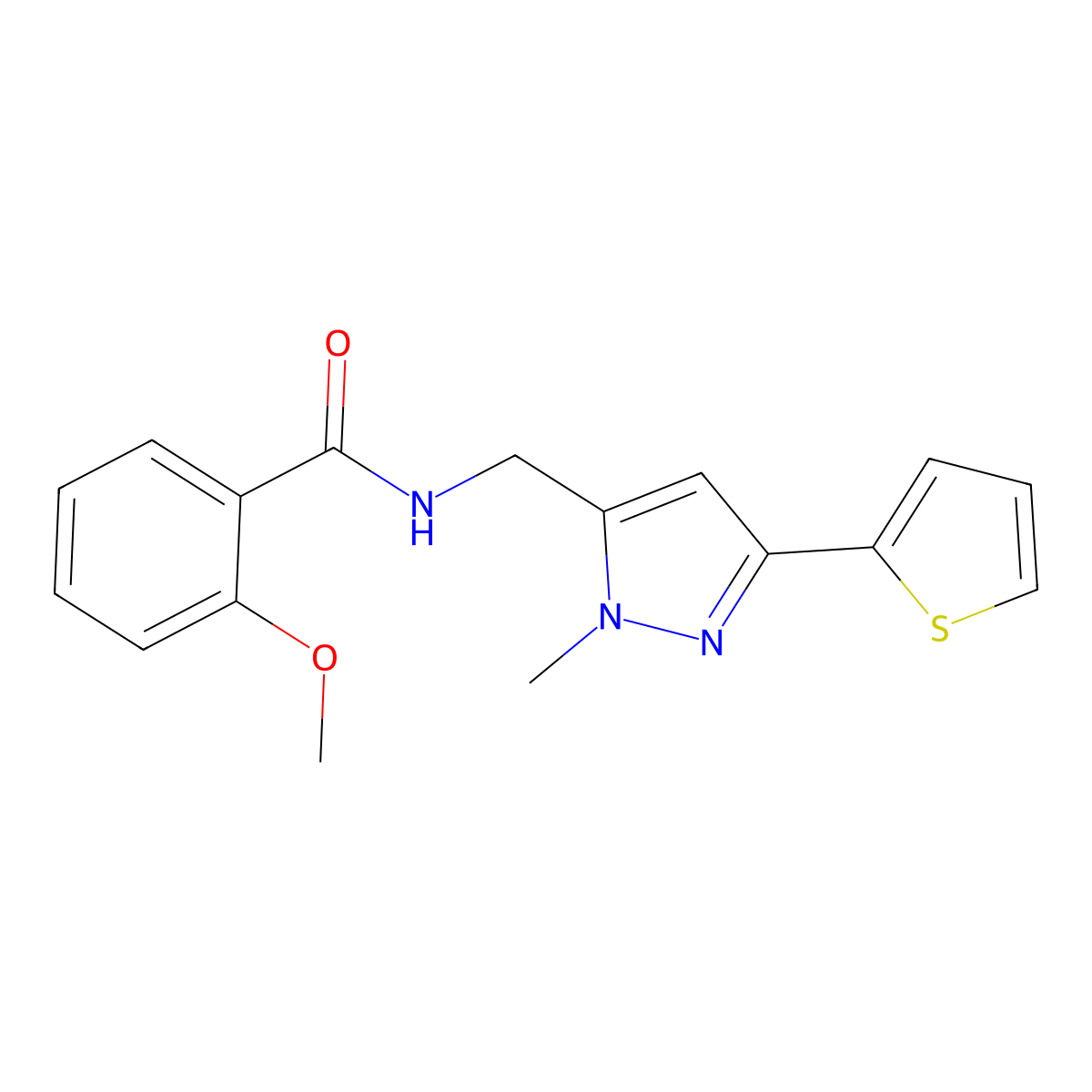 2-methoxy-N-{[1-methyl-3-(thiophen-2-yl)-1H-pyrazol-5-yl]methyl}benzamide molecular structure, CAS 2309347-23-5