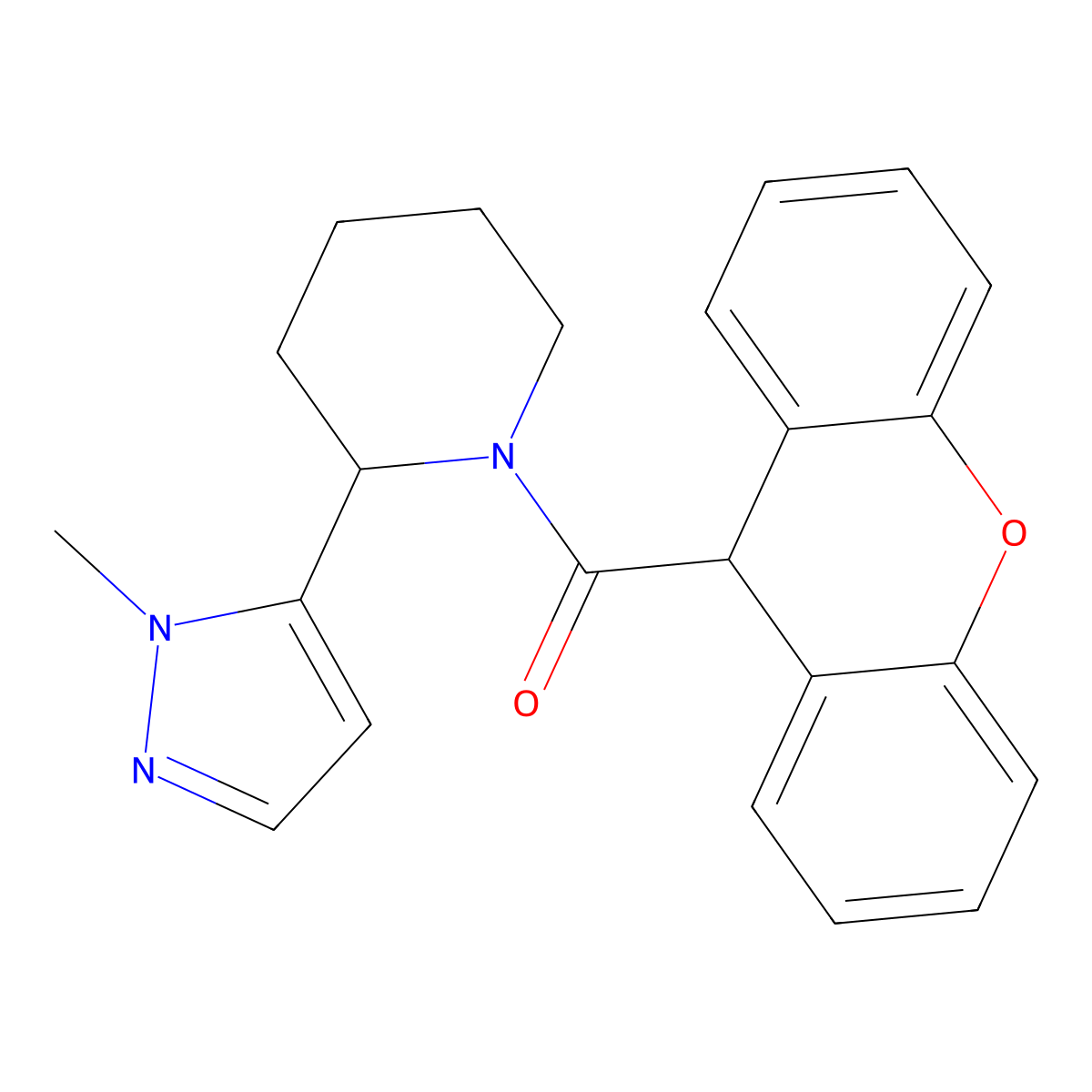 2-(1-methyl-1H-pyrazol-5-yl)-1-(9H-xanthene-9-carbonyl)piperidine molecular structure, CAS 2309347-33-7