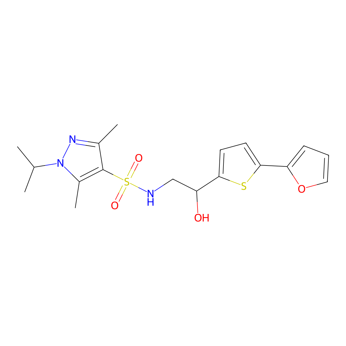 N-{2-[5-(furan-2-yl)thiophen-2-yl]-2-hydroxyethyl}-3,5-dimethyl-1-(propan-2-yl)-1H-pyrazole-4-sulfonamide molecular structure, CAS 2309347-52-0