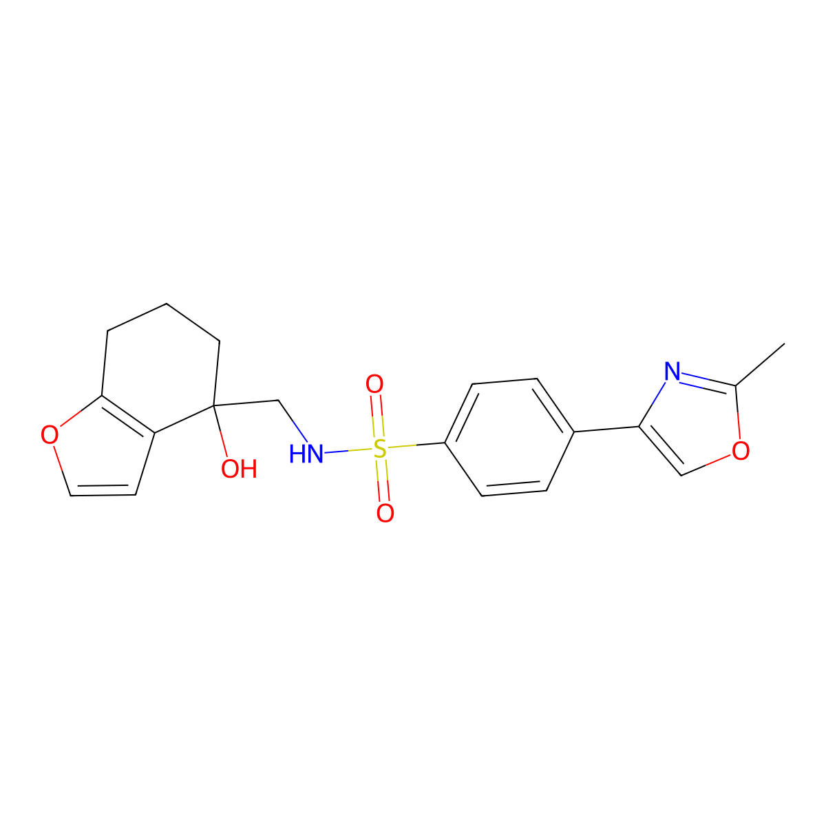 N-[(4-hydroxy-4,5,6,7-tetrahydro-1-benzofuran-4-yl)methyl]-4-(2-methyl-1,3-oxazol-4-yl)benzene-1-sulfonamide molecular structure, CAS 2309348-62-5