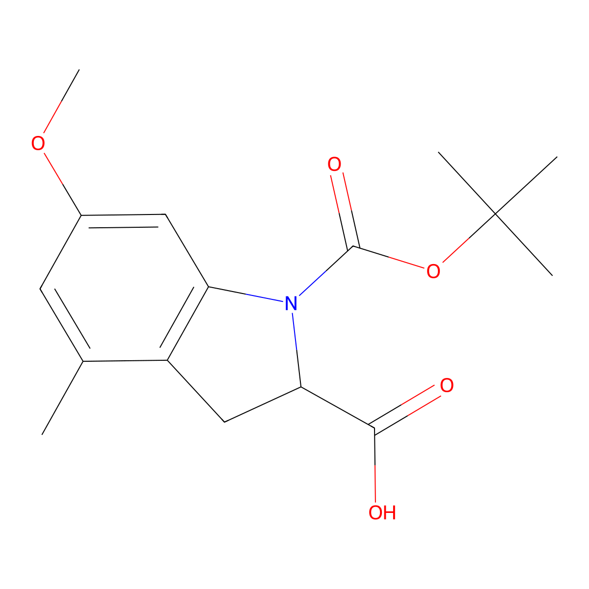 1-[(tert-butoxy)carbonyl]-6-methoxy-4-methyl-2,3-dihydro-1H-indole-2-carboxylic acid molecular structure, CAS 2309444-40-2