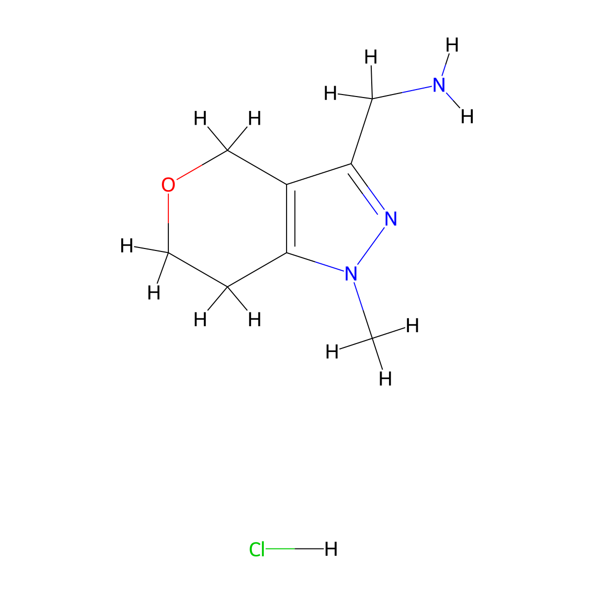 (1-methyl-1H,4H,6H,7H-pyrano(4,3-c)pyrazol-3-yl)methanamine hydrochloride molecular structure, CAS 2309465-60-7