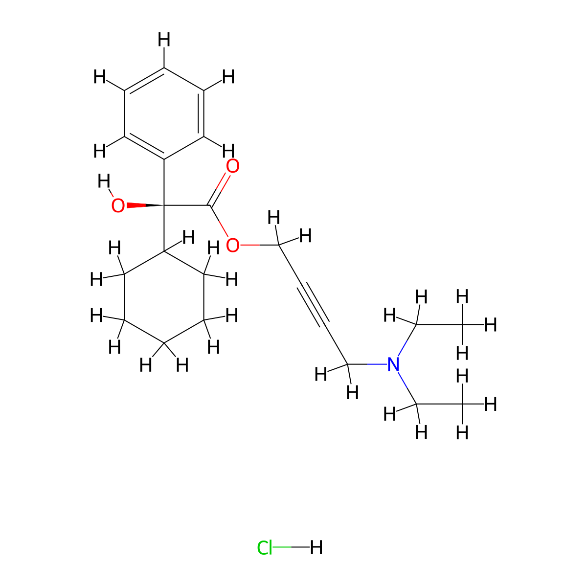 (S)-Cyclohexyl-hydroxy-phenyl-acetic acid 4-diethylamino-but-2-ynyl ester hydrochloride molecular structure, CAS 230949-16-3